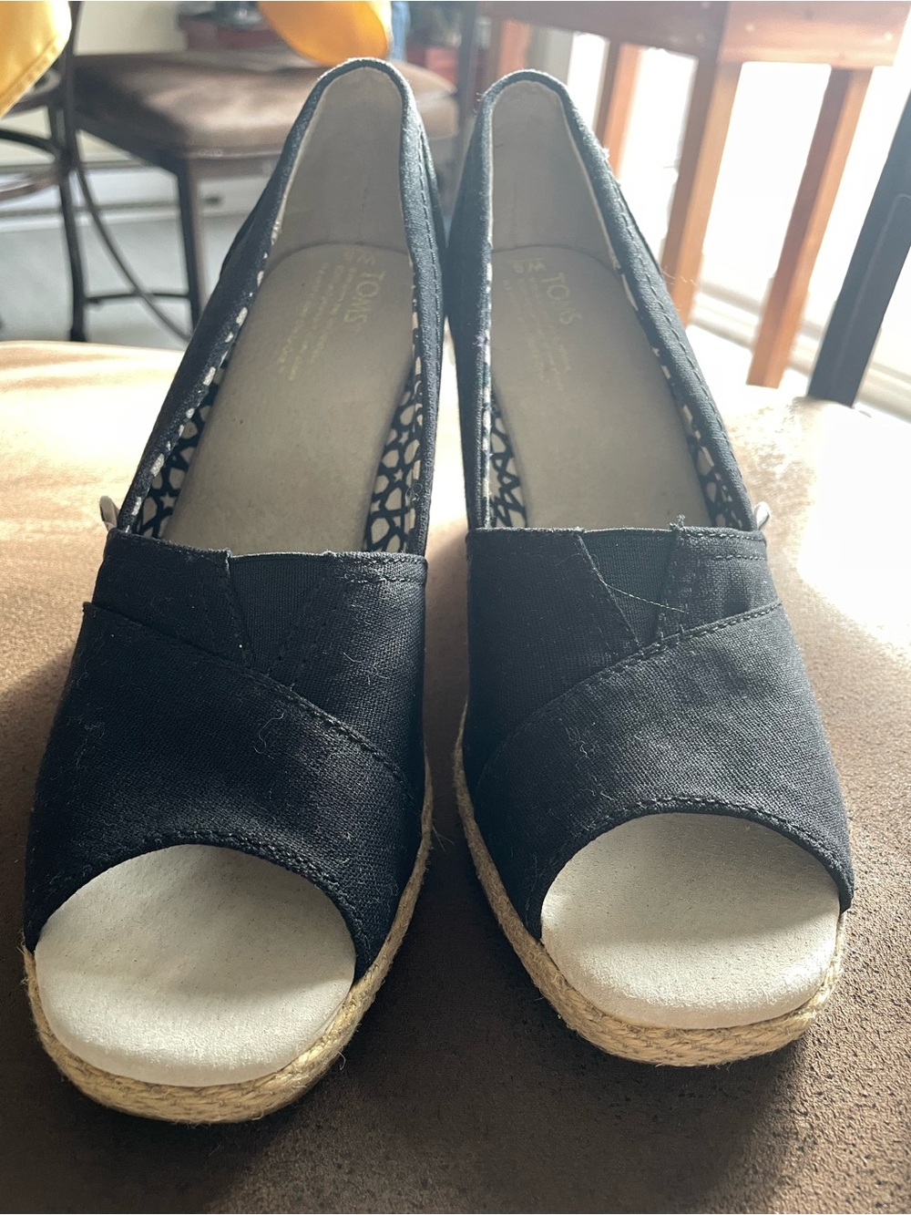 Toms Black Canvas Espadrille Peep-Toe Wedge
